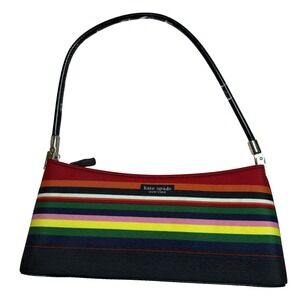 Kate Spade New York Shoulder Bag Rainbow Stripe Canvas Leather Trim